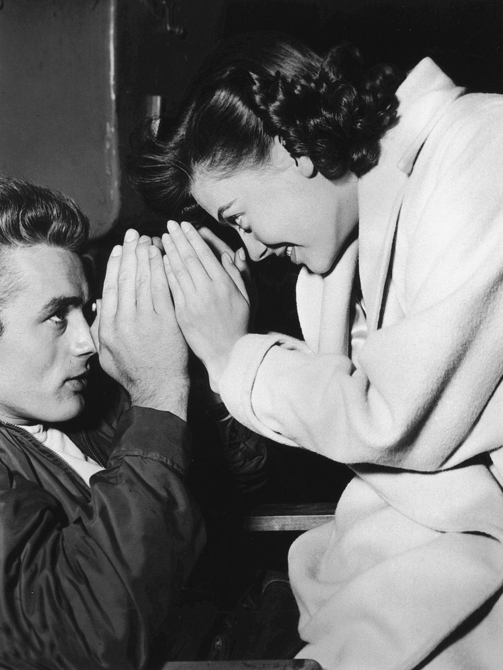 The two tragic stars of Rebel without a Cause – Dean and Natalie Wood – share a moment between takes. Dean died in a car crash in 1955, one month before the film was released; he was 24. Wood drowned in 1981, aged 43.